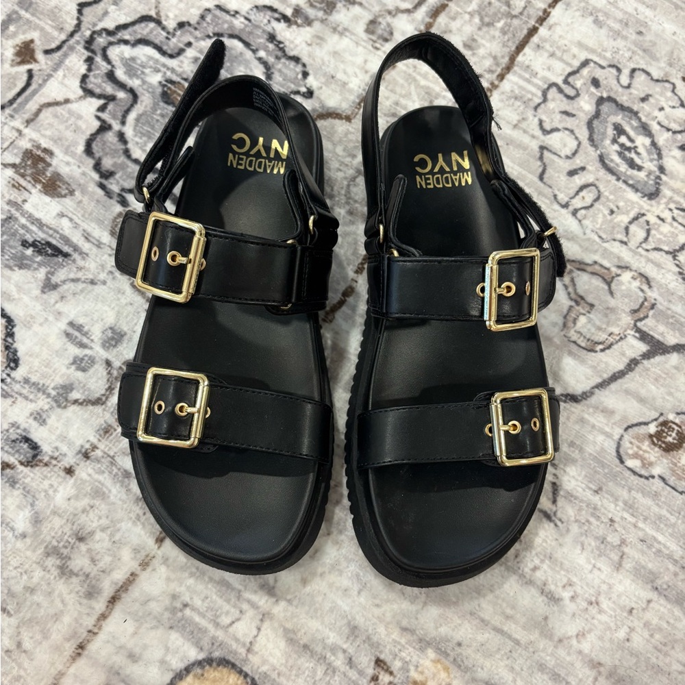 Madden NYC Women's Black Double Buckle Footbed Sandals